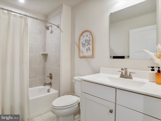 full bathroom with shower / tub combo, vanity, and toilet