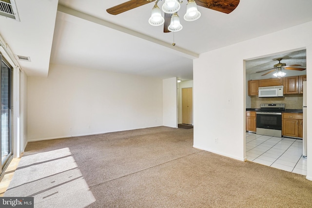 unfurnished living room with light carpet and ceiling fan