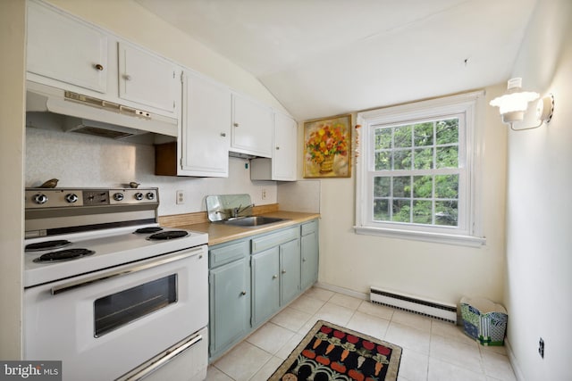 kitchen featuring sink, white cabinets, vaulted ceiling, a baseboard radiator, and white range with electric stovetop