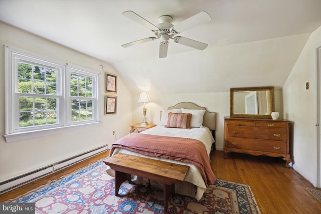 bedroom featuring ceiling fan, a baseboard radiator, lofted ceiling, and dark hardwood / wood-style floors