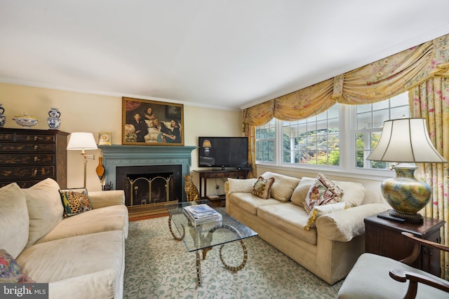 living room featuring ornamental molding, wood-type flooring, and a fireplace