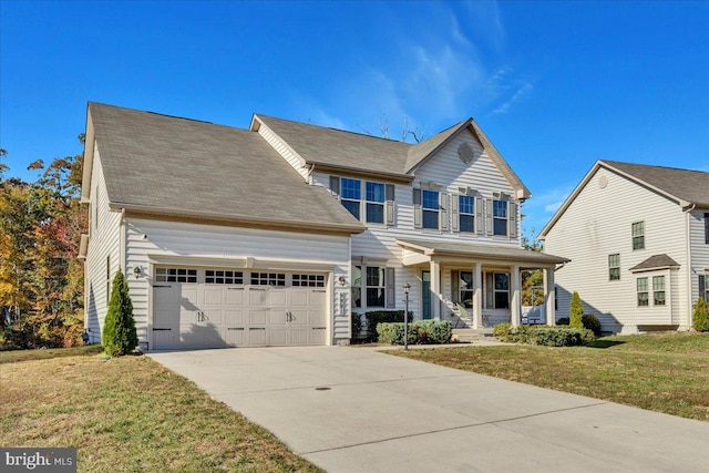 view of front facade with a porch, a front lawn, and a garage