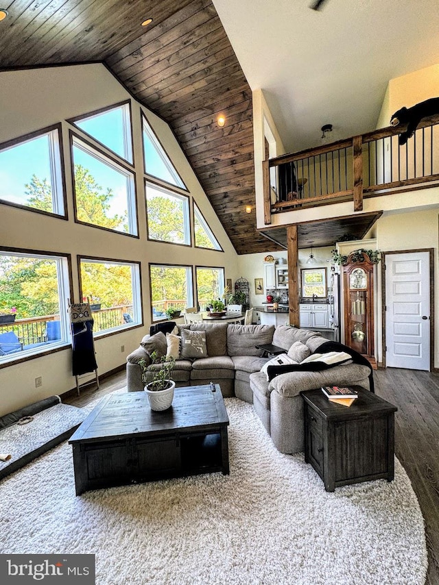 living room featuring wood ceiling, wood-type flooring, and high vaulted ceiling