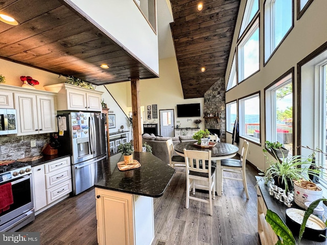 kitchen with a kitchen breakfast bar, wood ceiling, stainless steel appliances, dark wood-type flooring, and a center island