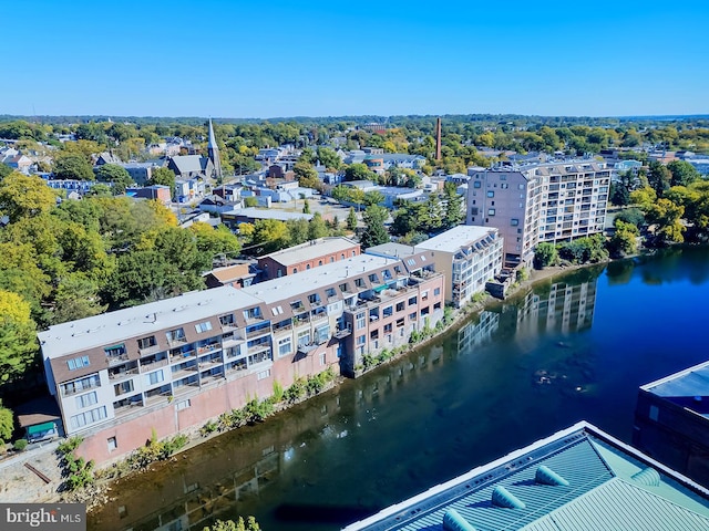 drone / aerial view featuring a water view