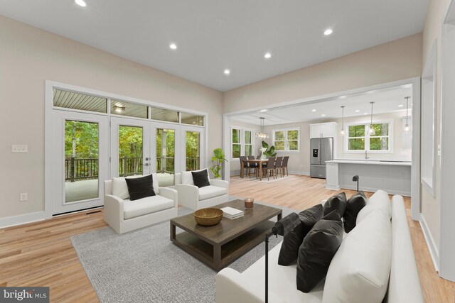 living room with french doors and light wood-type flooring