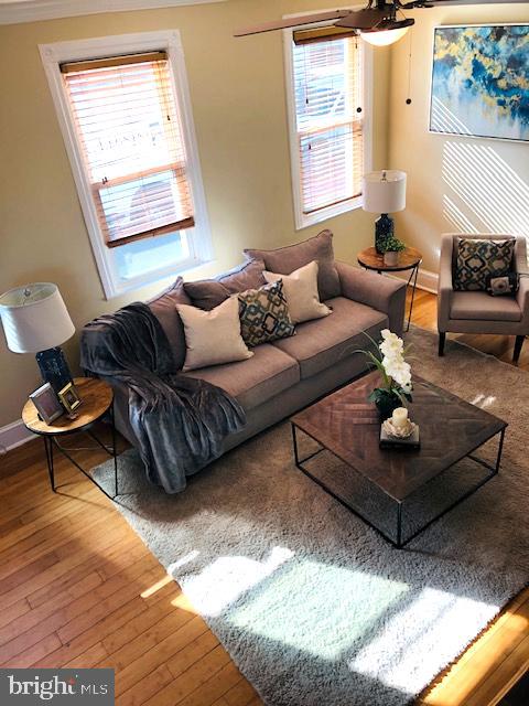 living room featuring wood-type flooring, ceiling fan, and a healthy amount of sunlight