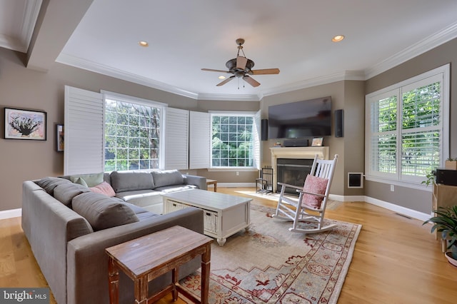 living room featuring light wood finished floors, crown molding, baseboards, and a ceiling fan