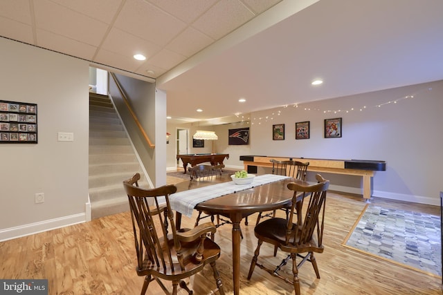 dining area with recessed lighting, baseboards, light wood-style floors, stairway, and billiards