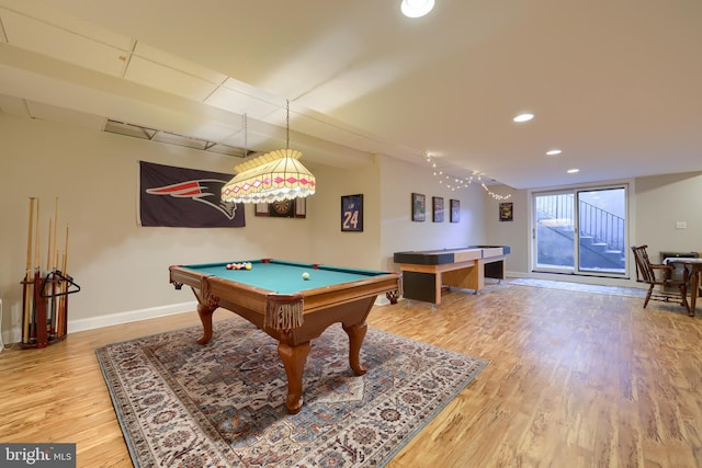 playroom with billiards, wood finished floors, baseboards, and recessed lighting