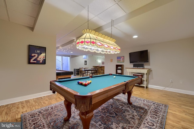 game room featuring wood finished floors, billiards, baseboards, and recessed lighting