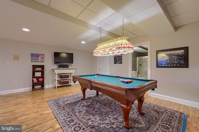 playroom featuring a drop ceiling, baseboards, light wood-style floors, billiards, and recessed lighting