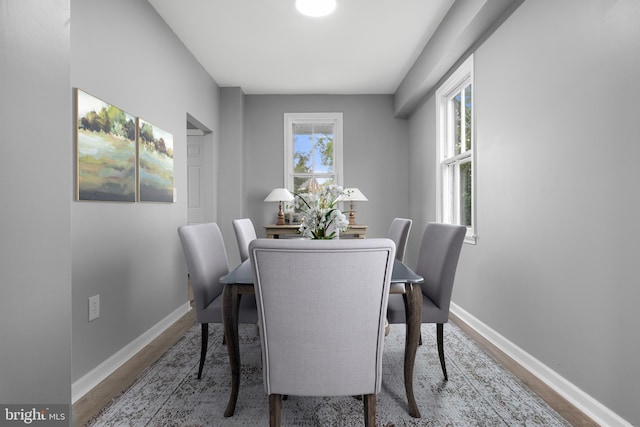 dining space with wood-type flooring