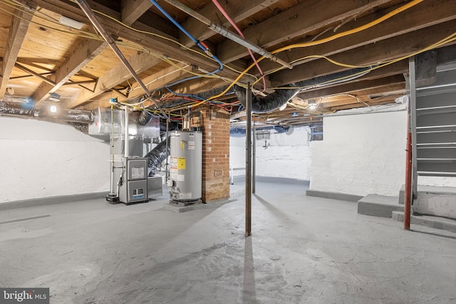 basement with heating unit and gas water heater