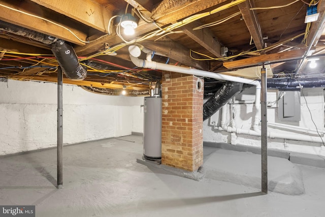 basement with electric panel and gas water heater