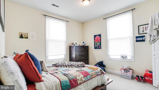 bedroom with multiple windows and light carpet