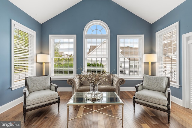 living room with wood-type flooring, vaulted ceiling, and plenty of natural light