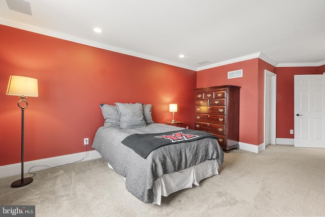 carpeted bedroom featuring ornamental molding