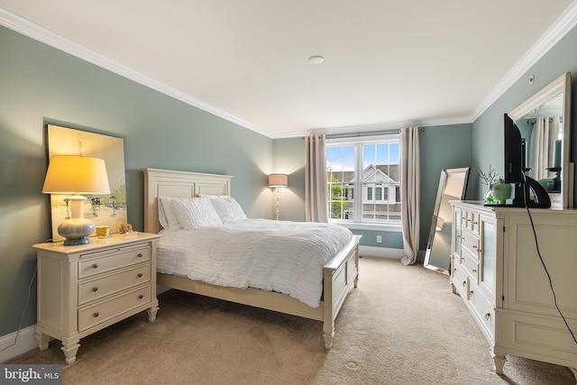 bedroom featuring light colored carpet and crown molding