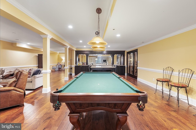 rec room featuring ornate columns, pool table, and ornamental molding