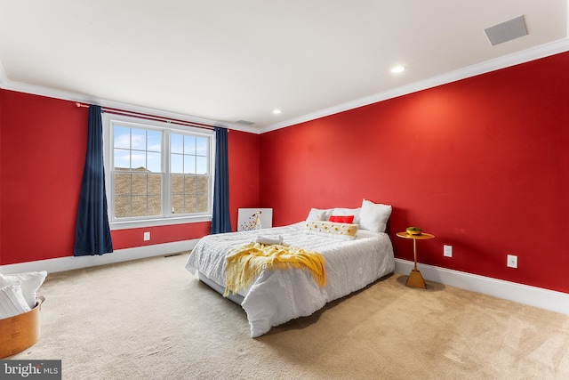 carpeted bedroom featuring ornamental molding