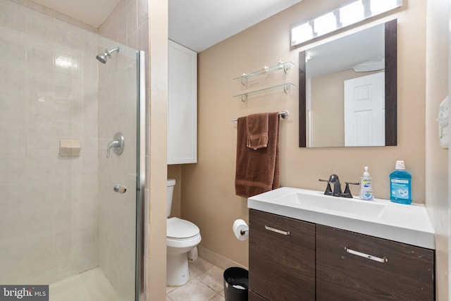 bathroom featuring walk in shower, tile patterned flooring, vanity, and toilet