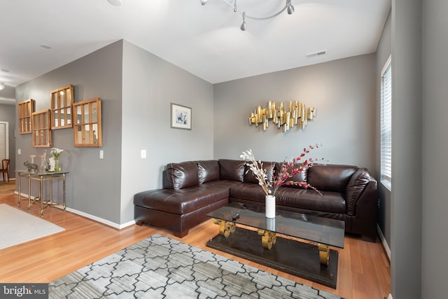 living room featuring hardwood / wood-style floors and rail lighting