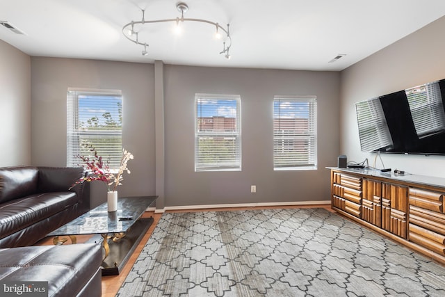 living room featuring a wealth of natural light and rail lighting