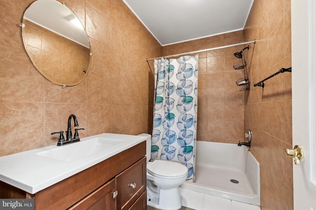 bathroom featuring a shower with shower curtain, tile walls, vanity, and toilet