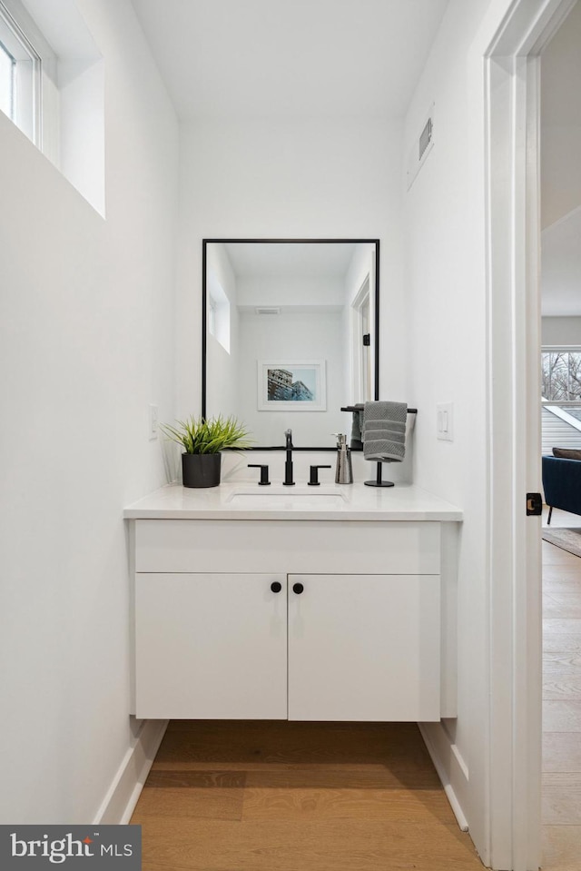 bathroom featuring vanity, hardwood / wood-style floors, and a wealth of natural light