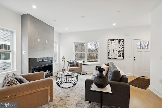 living room featuring light hardwood / wood-style flooring, a fireplace, and a wealth of natural light