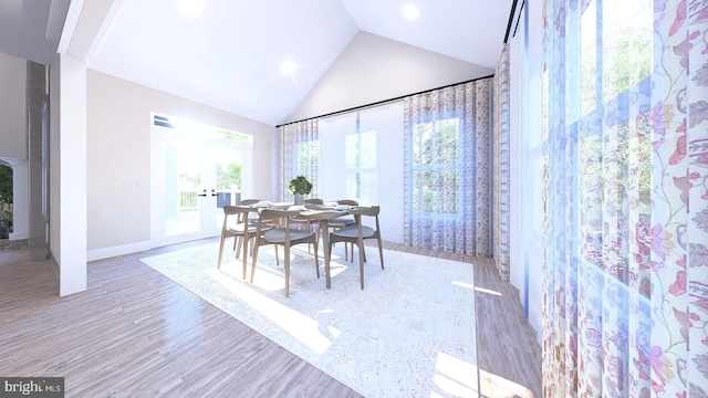 dining area featuring lofted ceiling and wood-type flooring