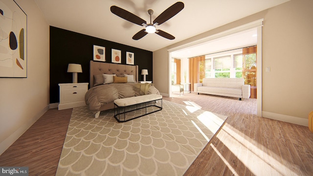 bedroom featuring hardwood / wood-style floors and ceiling fan