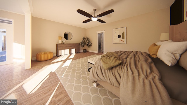 bedroom with ceiling fan and light hardwood / wood-style floors