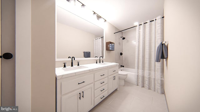 full bathroom with vanity, toilet, and shower / bathtub combination with curtain