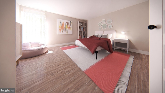 bedroom with dark hardwood / wood-style floors