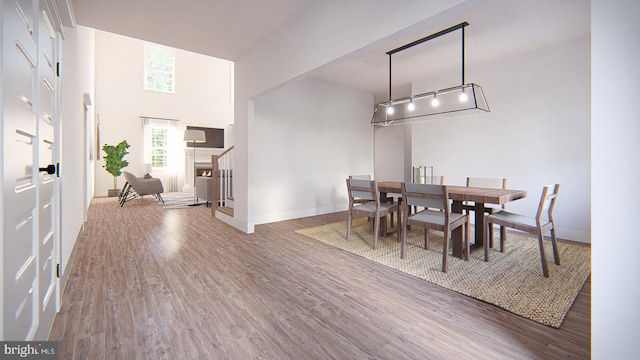 dining area featuring hardwood / wood-style floors and a high ceiling