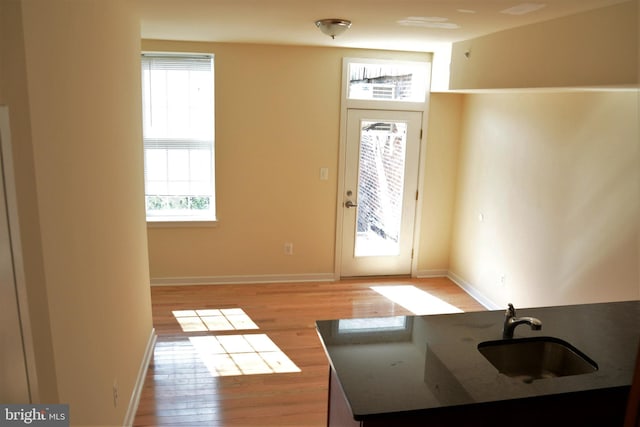 doorway to outside featuring sink and light hardwood / wood-style flooring