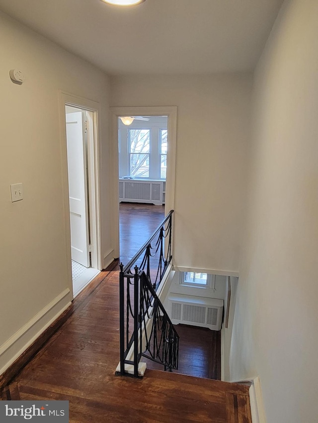 staircase with hardwood / wood-style floors