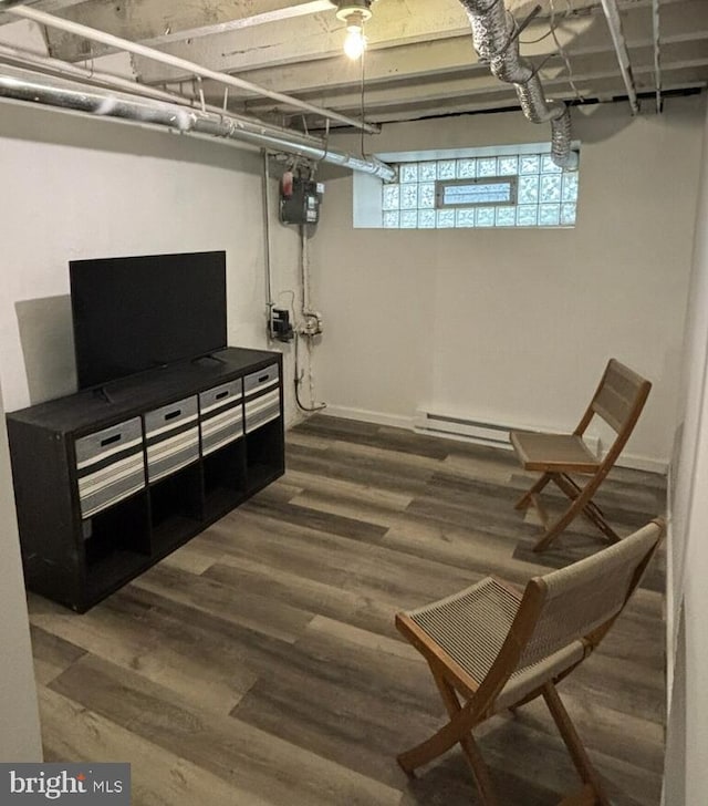 basement with dark hardwood / wood-style floors