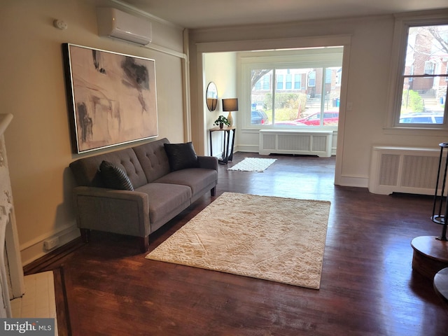 living room featuring radiator, dark hardwood / wood-style floors, and a wall mounted AC