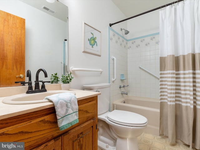 full bathroom with vanity, toilet, and shower / bathtub combination with curtain