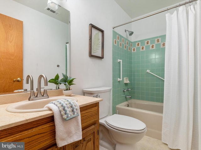 full bathroom with toilet, shower / tub combo with curtain, and vanity