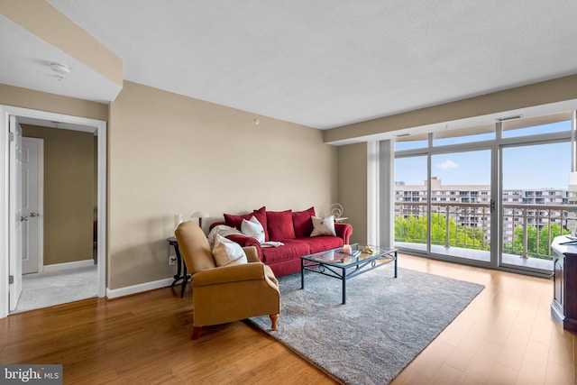 living room with a textured ceiling and wood-type flooring