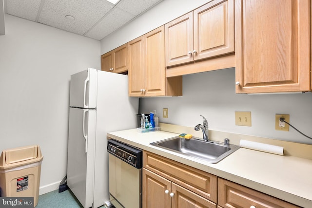 kitchen featuring stainless steel dishwasher, sink, a drop ceiling, and white fridge