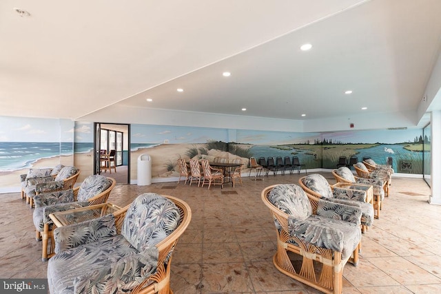 dining area featuring a water view