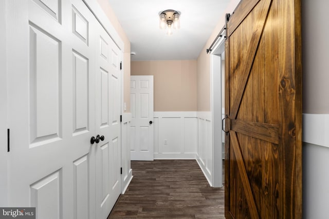 corridor featuring a barn door and dark hardwood / wood-style flooring