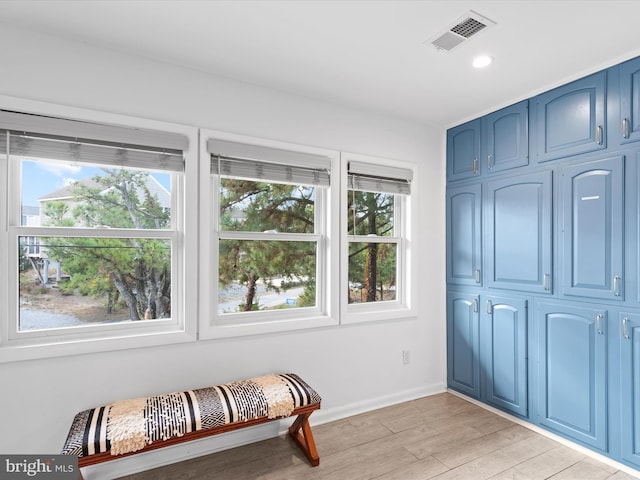 living area featuring plenty of natural light and light hardwood / wood-style flooring