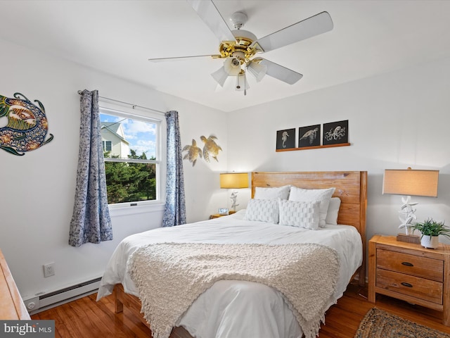 bedroom featuring hardwood / wood-style floors, ceiling fan, and a baseboard heating unit