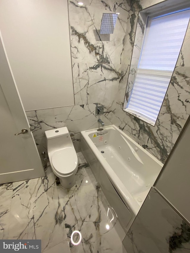 bathroom with toilet, tile walls, and a bathing tub